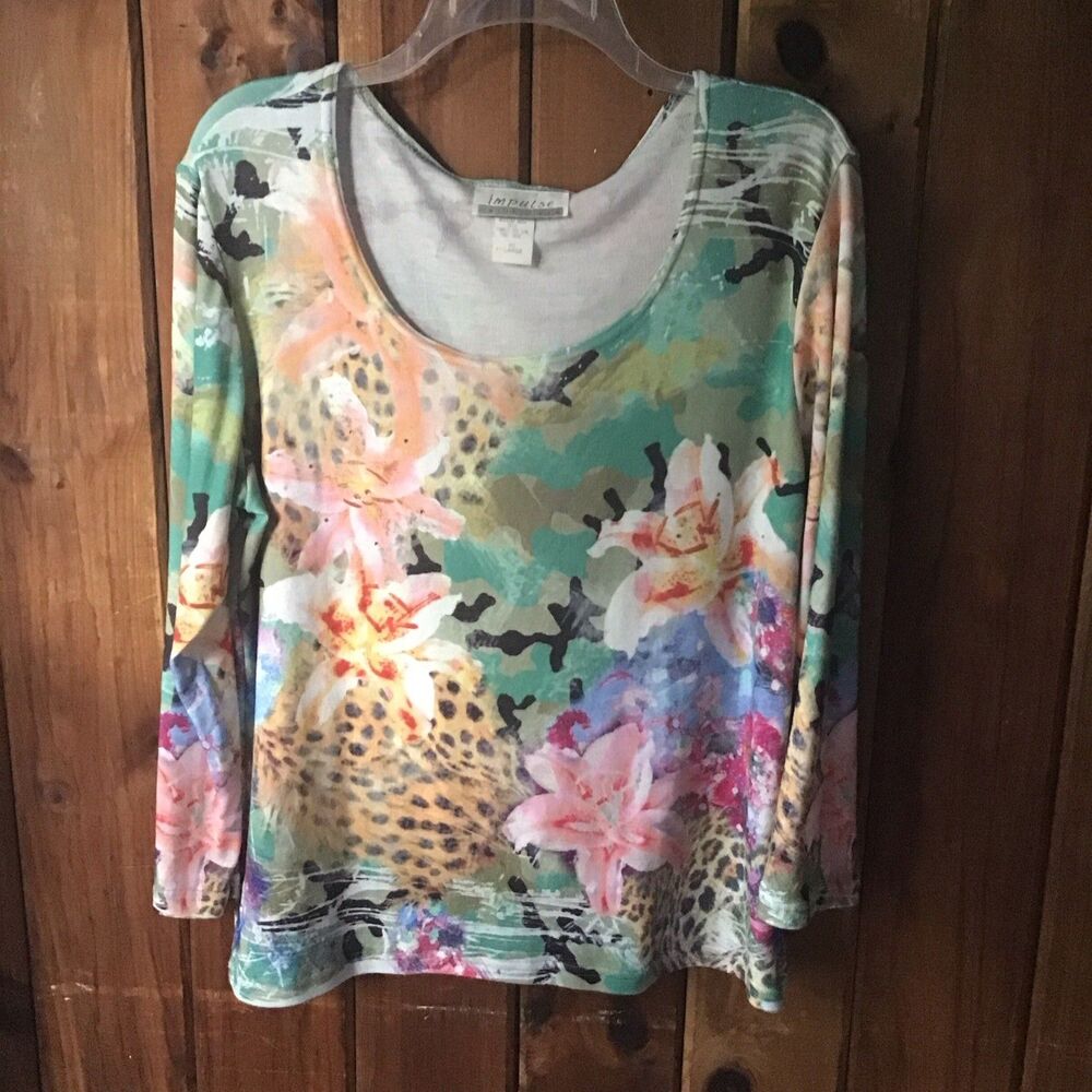 Impulse California Top XL Multicolored Floral Long Sleeve Scoop Neck